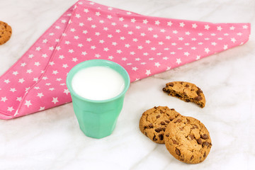 Chocolate chips cookies with milk and copyspace