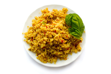 Delicious arabian vegetarian couscous on white backgraund.