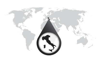 World map with zoom on Italy. Map in loupe. Vector illustration in flat style