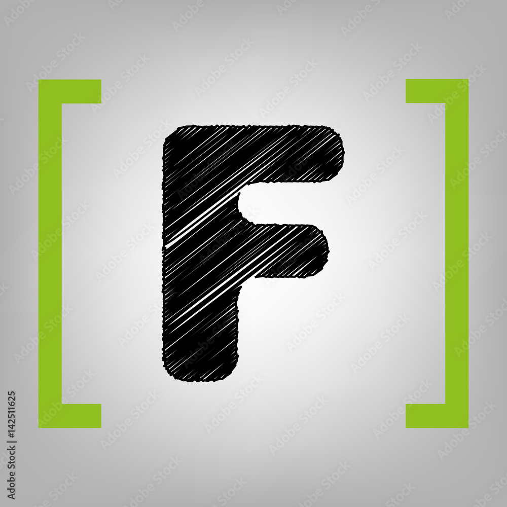 Fototapete letter f sign design template element. vector. black scribble icon in citron brackets on grayish bac