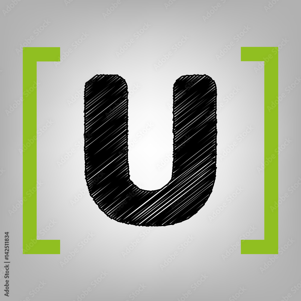 Fototapete letter u sign design template element. vector. black scribble icon in citron brackets on grayish bac