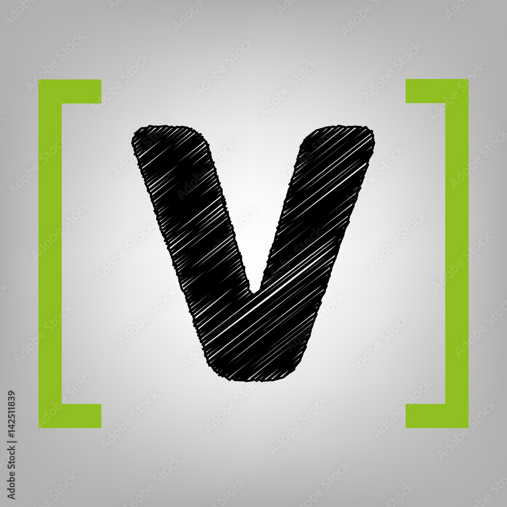 Fototapete letter v sign design template element. vector. black scribble icon in citron brackets on grayish bac