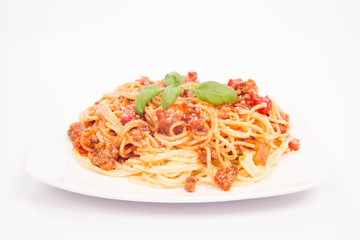 Spaghetti bolognese on a white background