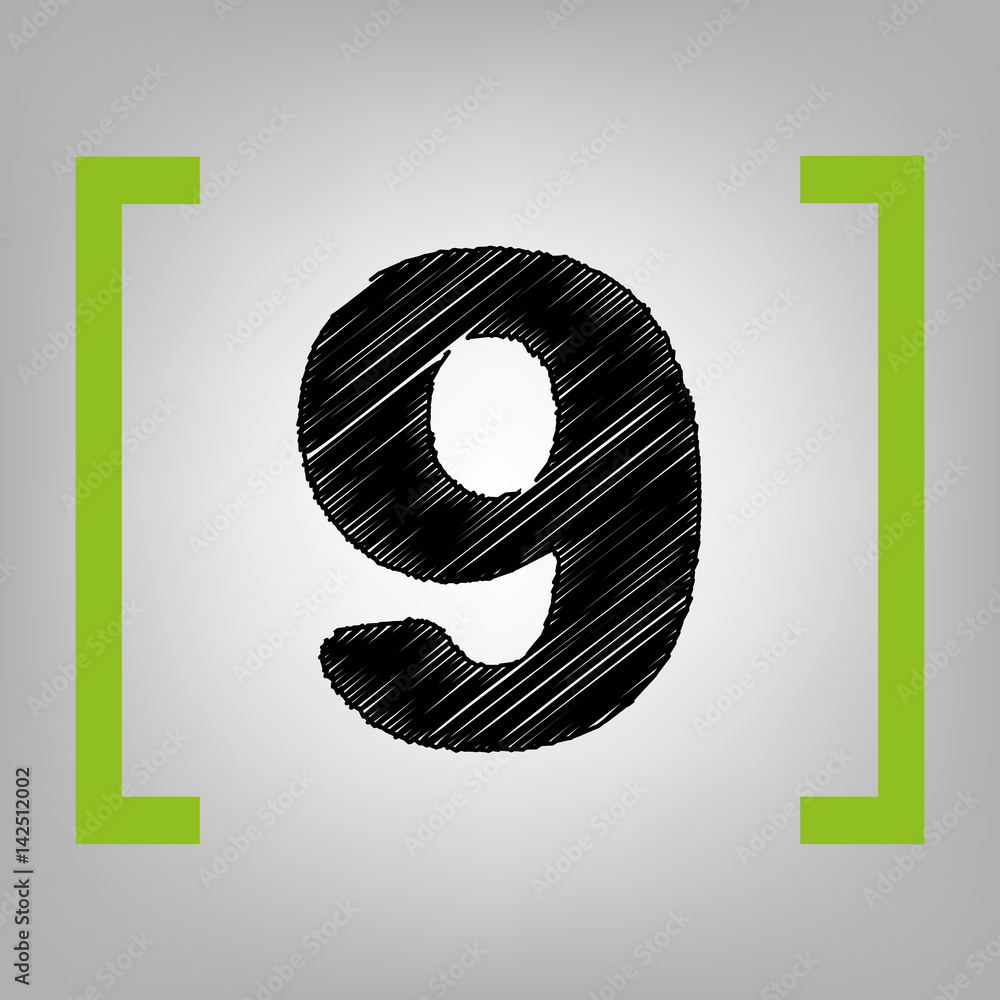 Poster number 9 sign design template element. vector. black scribble icon in citron brackets on grayish bac