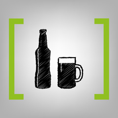 Beer bottle sign. Vector. Black scribble icon in citron brackets on grayish background.