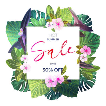 Bright green vector floral design template for summer sale. Tropical banner with green exotic palm leaves and pink flowers.