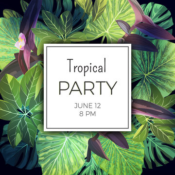 Bright green summer tropical background with exotic palm leaves and pink flowers. Jungle vector floral party flyer template.