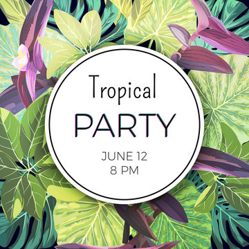 Jungle tropical party flyer with palm leaves and exotic plants. Summer floral template.