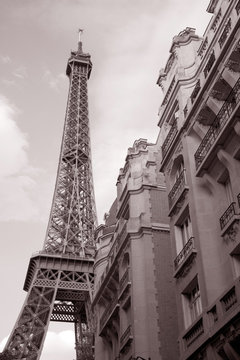 Eiffel Tower and Building in Black and White Sepia Tone in Paris, France