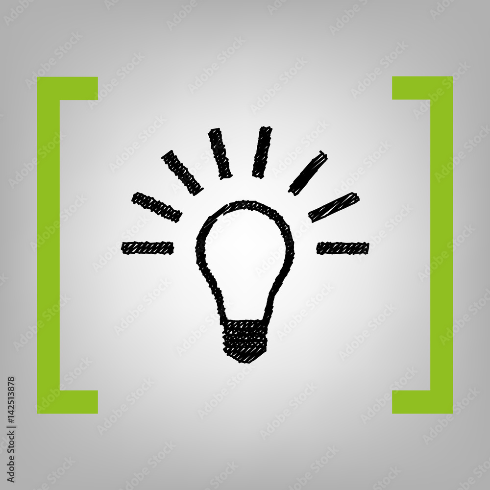 Poster light lamp sign. vector. black scribble icon in citron brackets on grayish background.