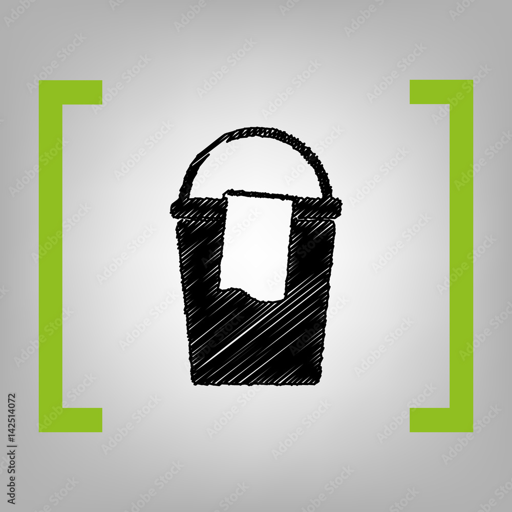 Poster bucket and a rag sign. vector. black scribble icon in citron brackets on grayish background.