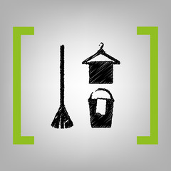 Broom, bucket and hanger sign. Vector. Black scribble icon in citron brackets on grayish background.