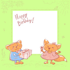 Vector sketch of cute baby greeting card. Cartoon animals celebrate the holiday, bear cub the boy gives a gift to a little girl fox.