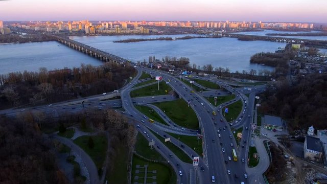 Aerial view of Kiev, capital of Ukraine in sunset lights