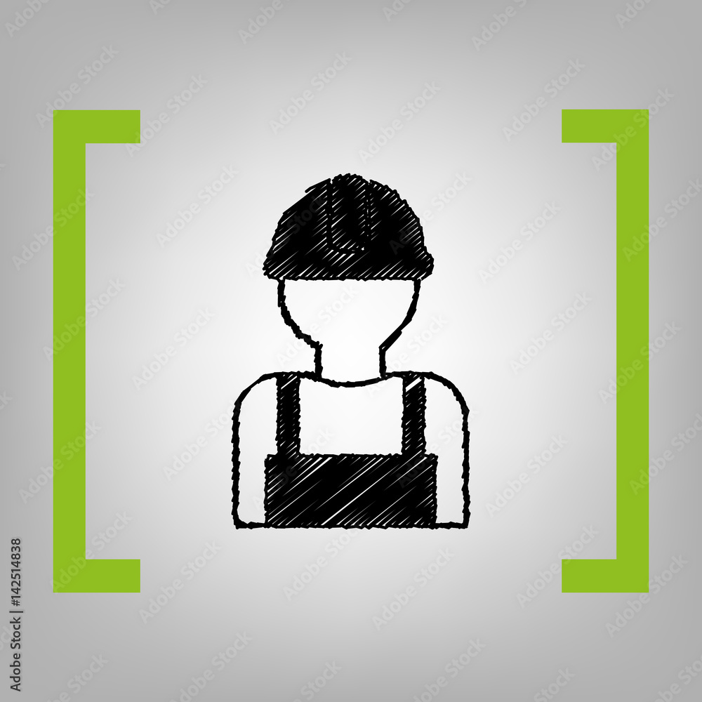 Poster worker sign. vector. black scribble icon in citron brackets on grayish background.