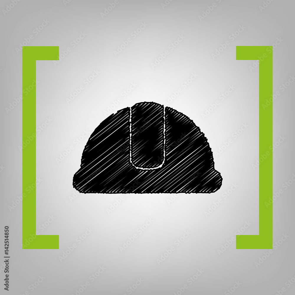 Poster hardhat sign. vector. black scribble icon in citron brackets on grayish background.