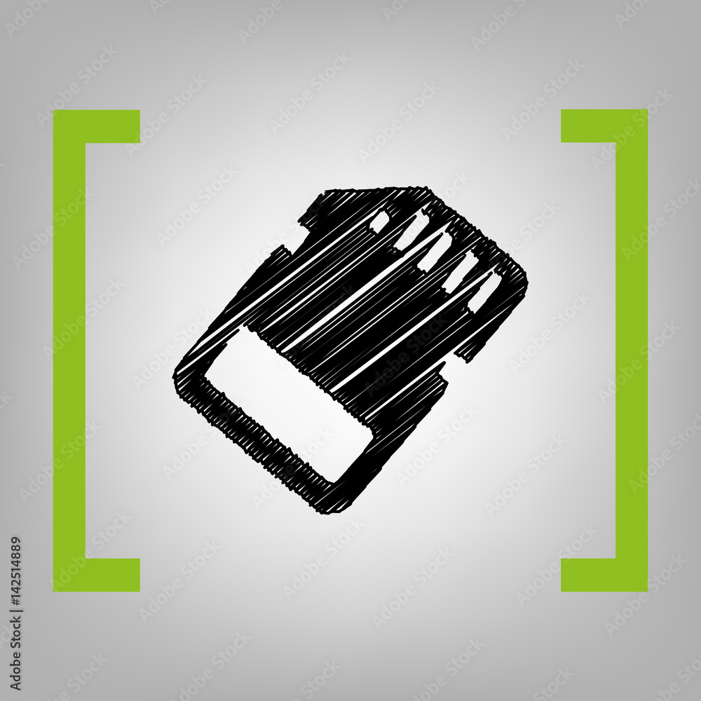 Poster memory card sign. vector. black scribble icon in citron brackets on grayish background.