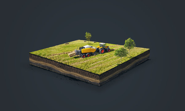 3d illustration of a soil slice, Collection of straw by a combine harvester in bales isolated on dark background