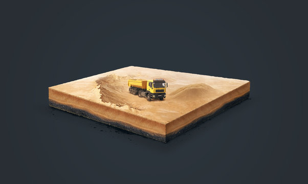 3d illustration of a soil slice, Tipper truck on Sand quarry isolated on dark background