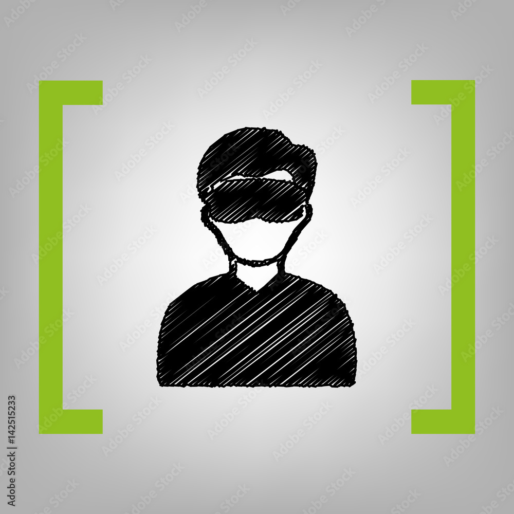 Poster man with sleeping mask sign. vector. black scribble icon in citron brackets on grayish background.