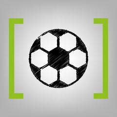 Soccer ball sign. Vector. Black scribble icon in citron brackets on grayish background.