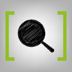 Pan sign. Vector. Black scribble icon in citron brackets on grayish background.