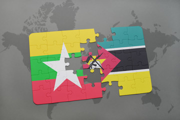 puzzle with the national flag of myanmar and mozambique on a world map