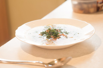 Soup with meat and cropped dill and parsley