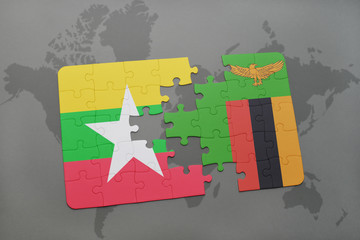 puzzle with the national flag of myanmar and zambia on a world map