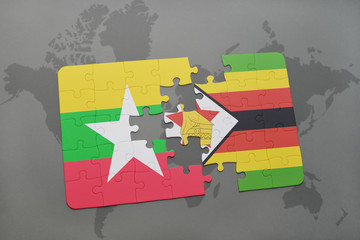 puzzle with the national flag of myanmar and zimbabwe on a world map