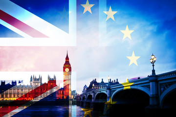 brexit concept - Union Jack flag and iconic Big Ben in the background - UK leavs the EU