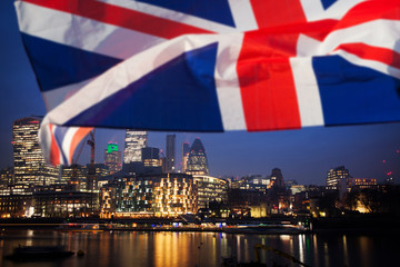 brexit concept - Union Jack flag and iconic London landmarks - UK leavs the EU