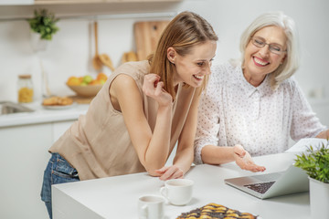 Cheerful family using computer in kitchen