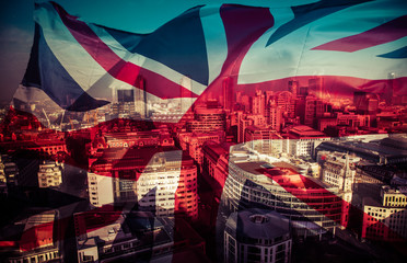 brexit concept - Union Jack flag and iconic London landmarks - UK leavs the EU