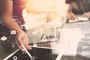 co working team meeting concept,businessman using smart phone and laptop and digital tablet computer in modern office with virtual interface icons network diagram