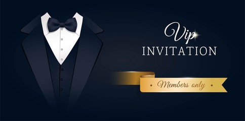 VIP premium horizontal invitation card.  Black banner with businessman suit and tie. Black and golden design template. Vector illustration - obrazy, fototapety, plakaty