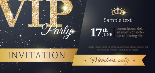 VIP party premium horizontal invitation card. Black and golden design template. Vector illustration