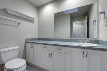Bathroom with white vanity cabinet topped with grey counter