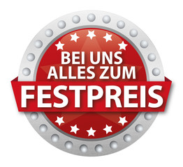 Button Bei uns alles zum Festpreis, rot