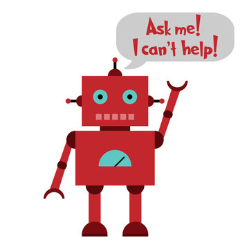 Vector illustration of a toy Robot and text Ask Me! I Can't help