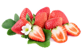 Organic Strawberries with leaves on white