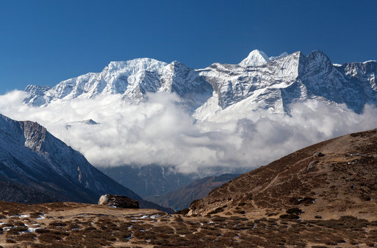 Panoramic view of Kangtega and Thamserku mountains in Sagarmatha National Park, Nepal