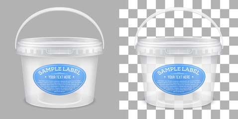 Vector labelled transparent empty plastic bucket for storage of food, honey or ice cream. Packaging mockup illustration. - obrazy, fototapety, plakaty
