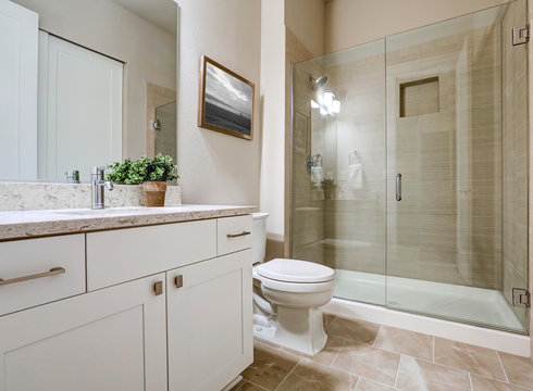 Transitional bathroom interior design in soft beige colors