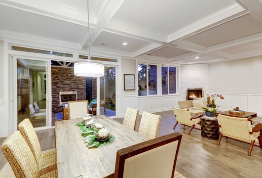 Lovely craftsman style dining space with coffered cealing