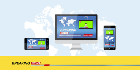 Breaking news in monitor computer and smartphone on the background of the world map, banner for the screen. Template for TV channels. Flat vector illustration EPS10