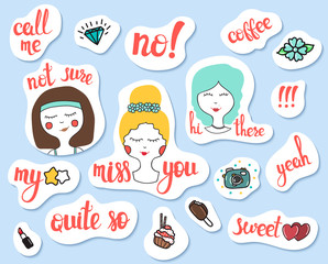 Fashion patch badges. Social networks and mobile stickers set. Pin, patches and handwritten notes collection in cartoon doodle comic style. Girl face, emotions. Vector illustration isolated. Clip art