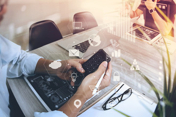 co working team meeting concept,businessman using smart phone and laptop and digital tablet computer in modern office with virtual interface icons network diagram