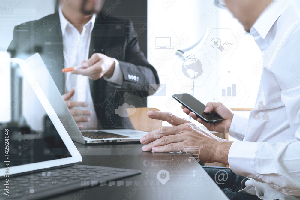 Poster co working team meeting concept,businessman using smart phone and digital tablet and laptop computer