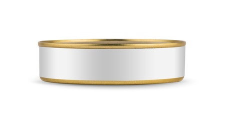 White blank tincan gold metal Tin Can, canned Food. Isolated on white background. Ready for your design. Real product packing. Mockup.
